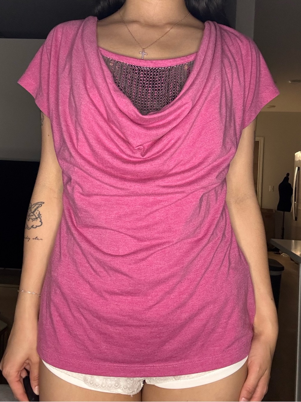 y2k party top pink cowl neck top with silver detailing (brand Venus)
